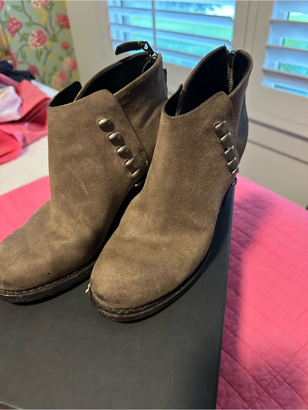 rag & bone Taupe Suede Ankle Booties with Side Studs